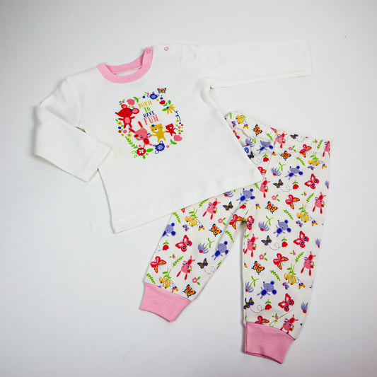 Pijama Born to have Fun, pentru copii, din bumbac, alb/roz